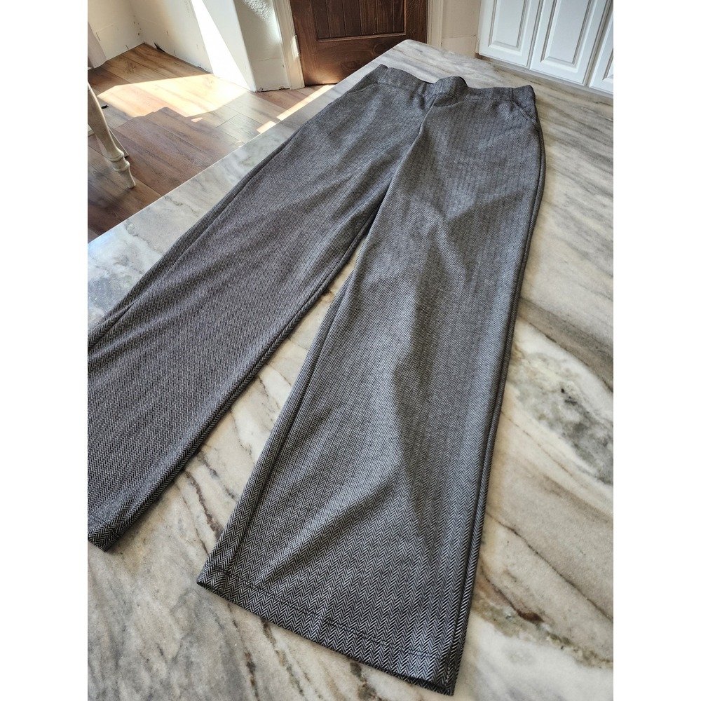 Max Studio Womens Small Gray Herringbone Wide Leg Elastic Waist Trousers